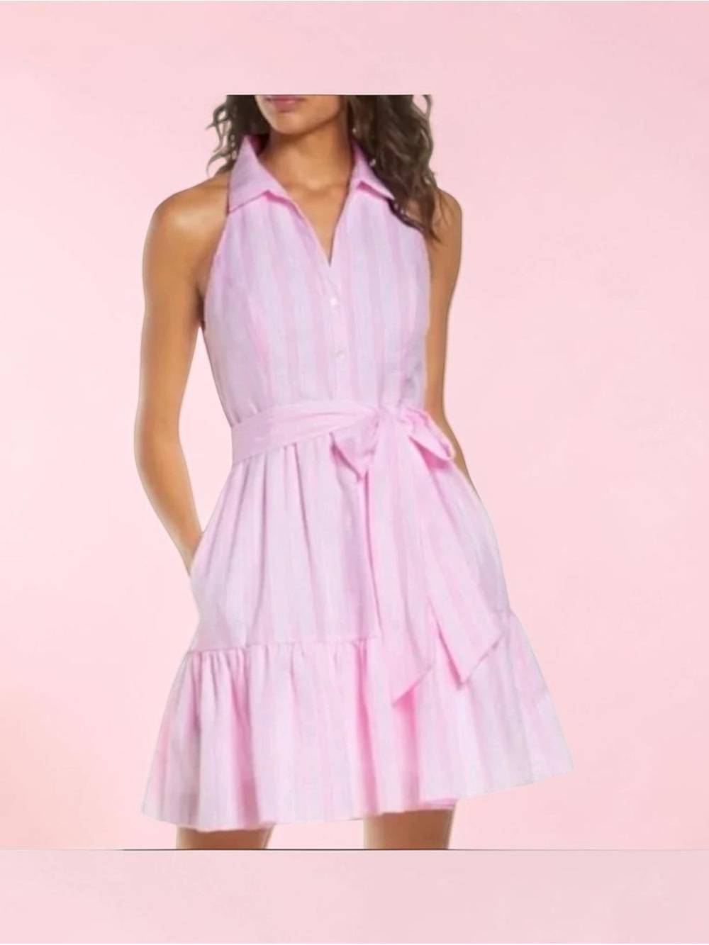 Lilly Pulitzer Pink Stripe Halter Collar Seersucker Tie-Waist Mini Trisha Dress